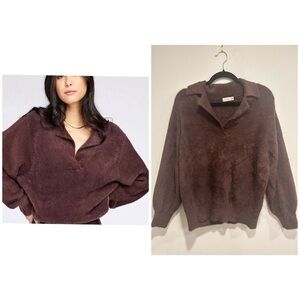 Gentle Fawn Fuzzy V neck Collared Knit Sweater – Size Small, Chocolate Brown